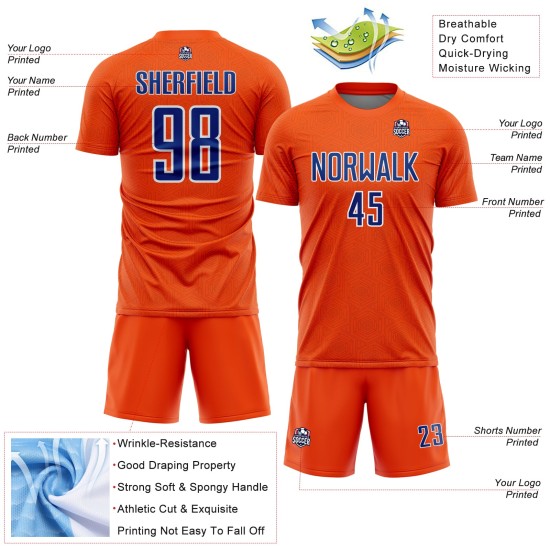 Custom Shape Uniform Sports Geometric Soccer Jersey Sublimation Orange Royal-White Custom Shape Uniform Sports Geometric Soccer Jersey Sublimation Orange Royal-White
